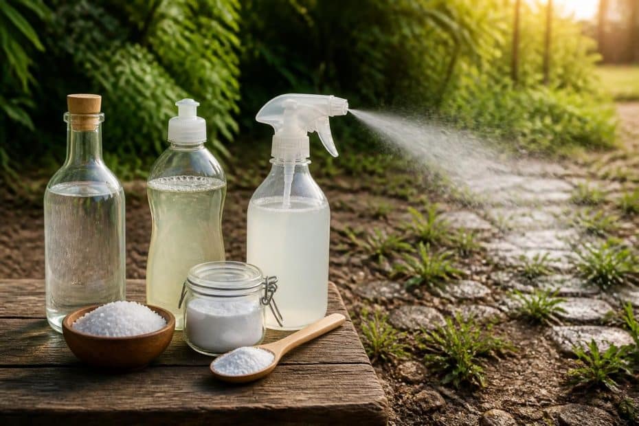 découvrez une recette efficace de désherbant naturel maison à base de vinaigre, sel, produit vaisselle et bicarbonate pour éliminer les mauvaises herbes sans produits chimiques.