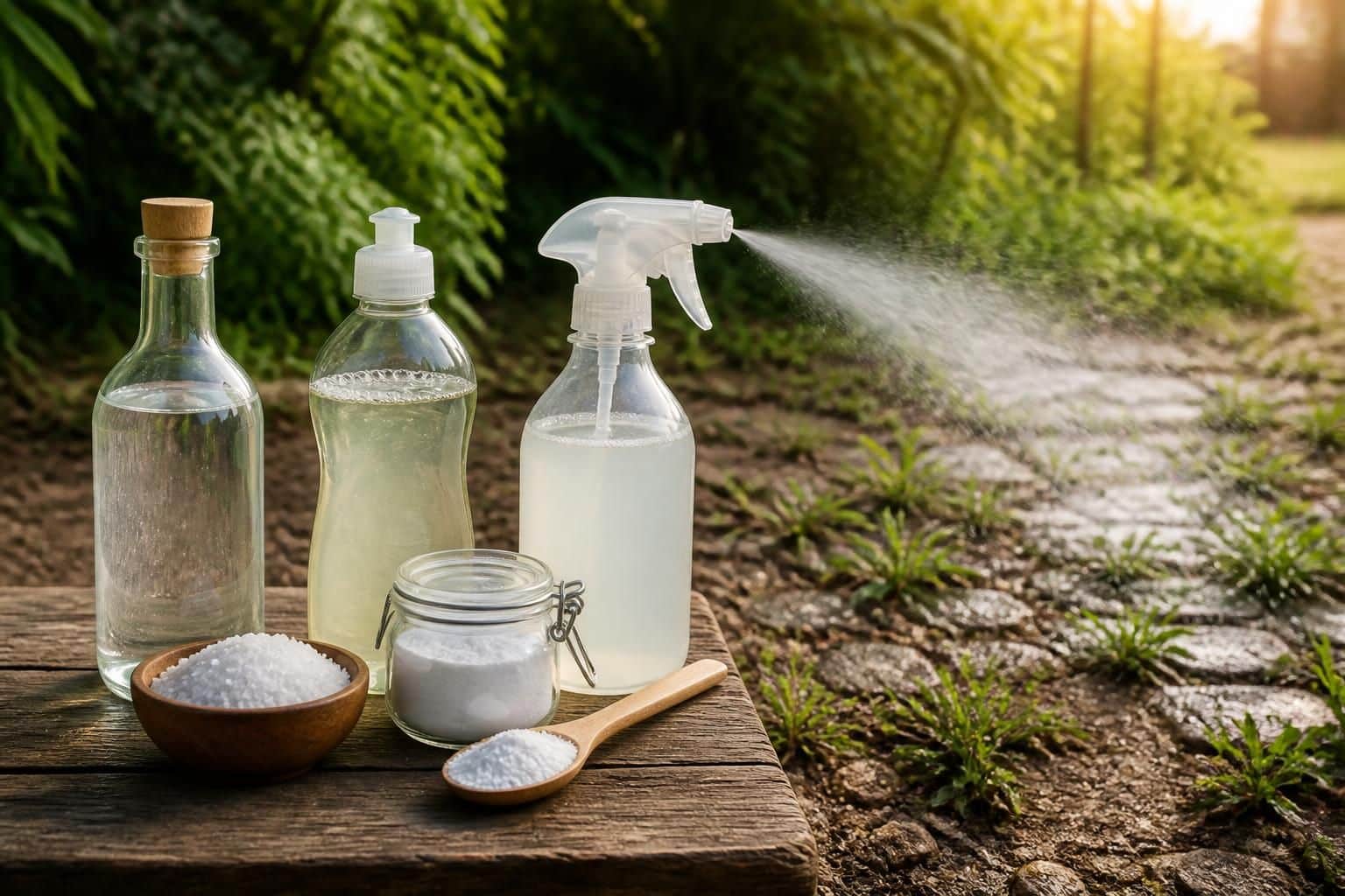 découvrez une recette efficace de désherbant naturel maison à base de vinaigre, sel, produit vaisselle et bicarbonate pour éliminer les mauvaises herbes sans produits chimiques.